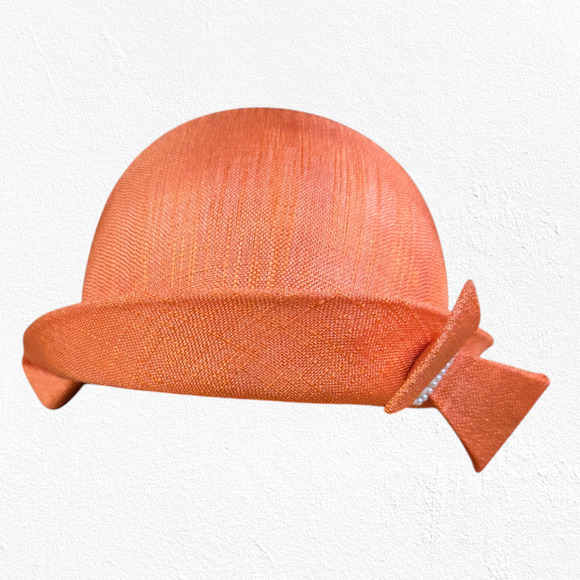Vintage 1920s Orange Cloche Hat Pearl Bow Rolled Brim Art Deco Flapper Chic